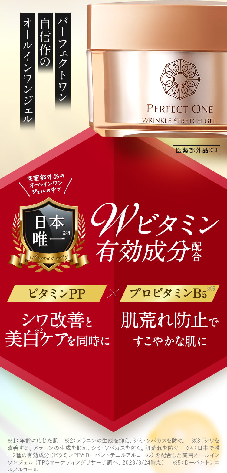 パーフェクトワン自信作のオールインワンジェルは、医薬部外品のオールインワンジェルの中で日本唯一Ｗビタミン有効成分配合